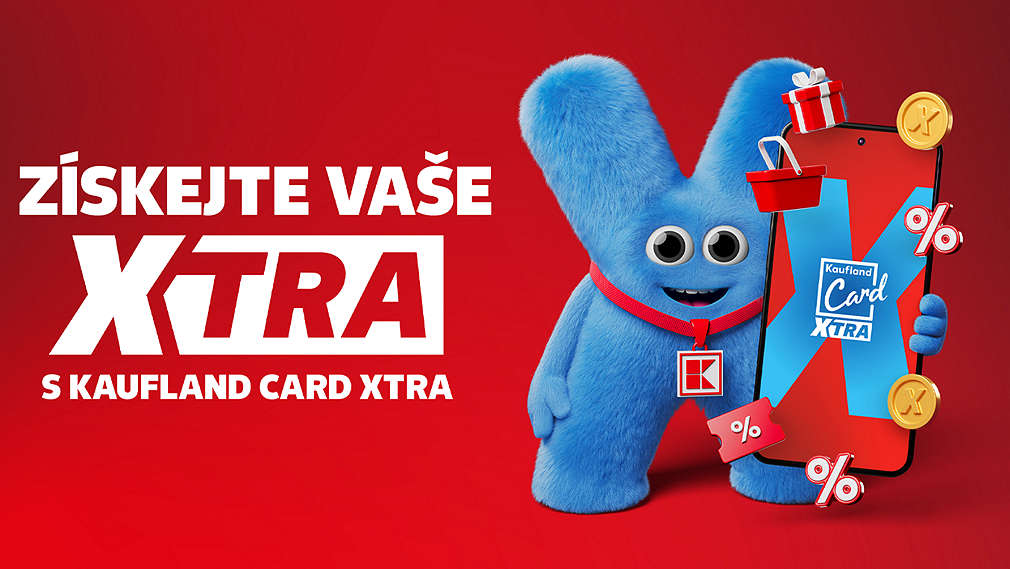 plyšák XARA drží telefon s pozadím XTRA a text: Získejte vaše XTRA s Kaufland Card XTRA