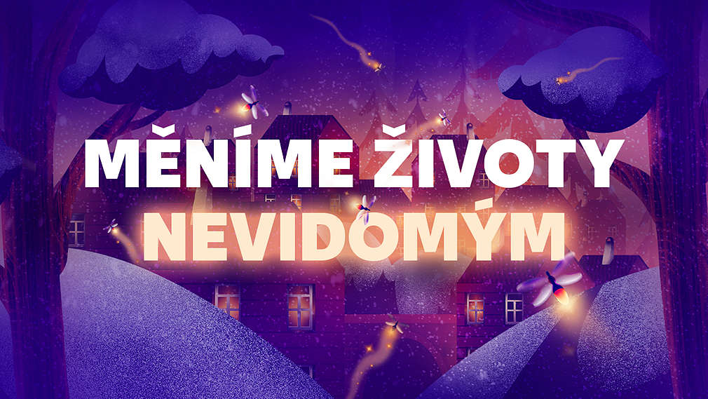 Kreslený motiv světlušky a text Měníme životy nevidomým