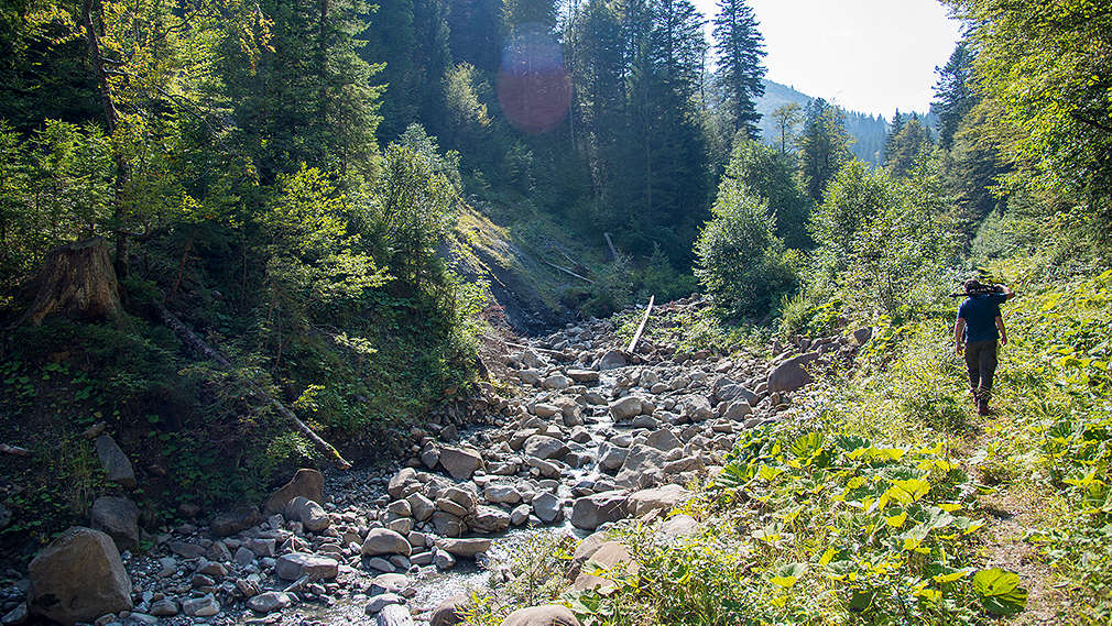 Изображение на мъже, разхождащи се покрай малка река