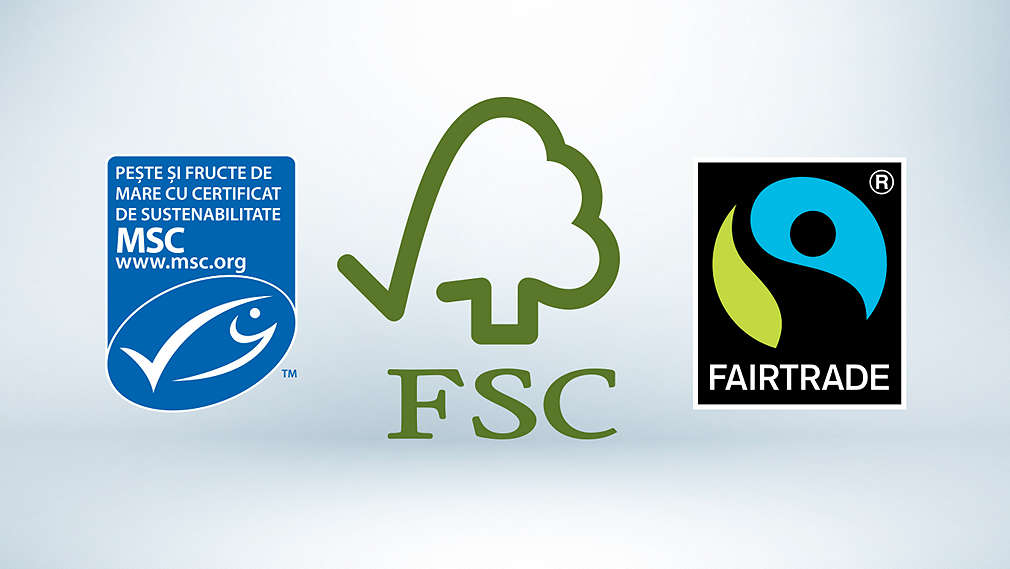 Logo-urile MSC, FSC si Fairtrade 