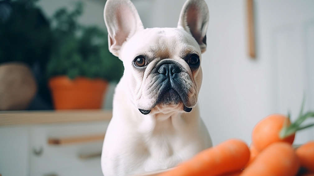 Ein Hund schaut über einen Küchentresen, auf dem Karotten zu sehen sind