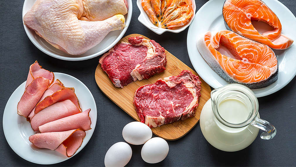 Verschieden Sorten Fleisch sowie Milch und Eier auf dunklem Grund