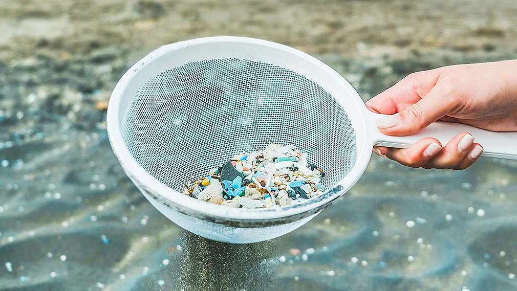 Hand hält Kescher mit kleinen Steinen und Mikroplastikteilchen
