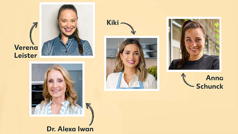 Unsere Experten: Nachhaltigkeitsexpertin Anna Schunck, Ernährungsexpertin Dr. Alexa Iwan und Backexpertin Kiki von Kikis Kitchen sowie Verena Leister mit je einem Portraitfoto auf gelbem Grund