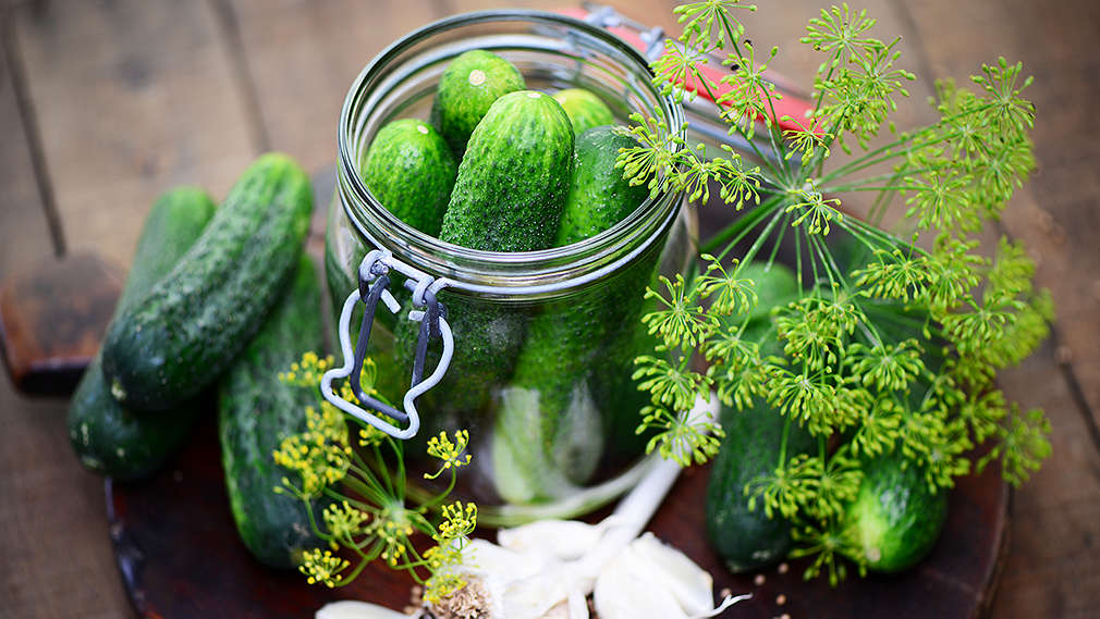 Eingelegte Gurken im Einmachglas, daneben frische Gurken und Dill