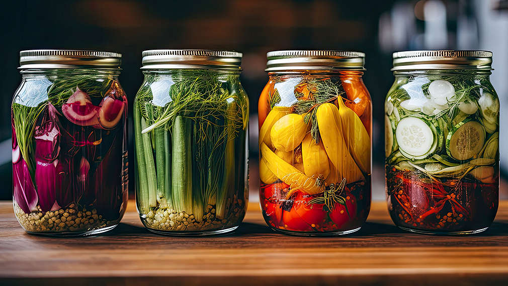 Eingelegtes Gemüse in Einmachgläsern.