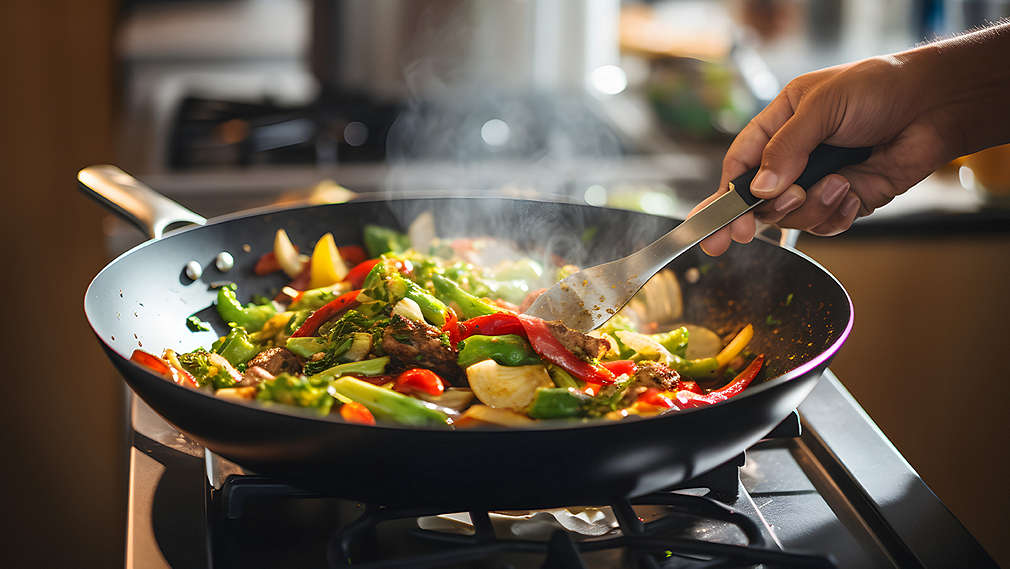 Ein Wok mit Gemüse, das umgerührt wird.