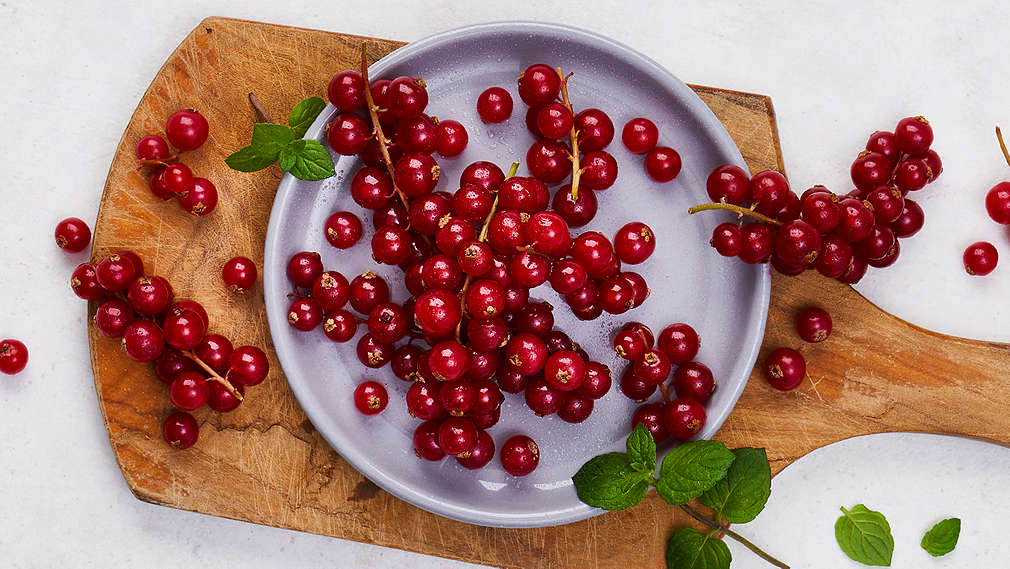 Rote Johannisbeeren auf einem grauen Teller