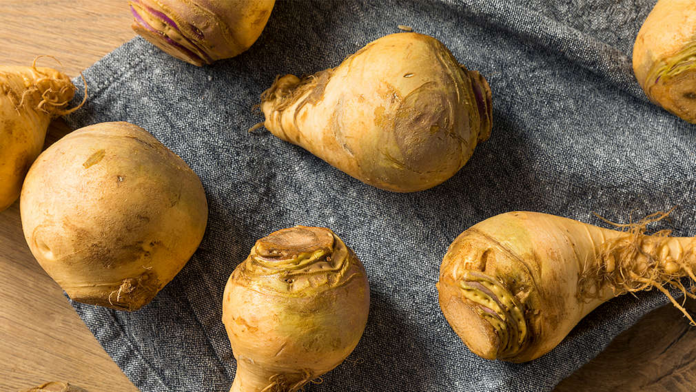 Mehrere Steckrüben auf einem grauen Küchentuch