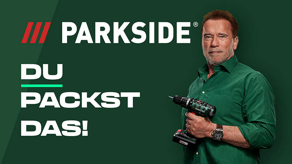 Logo: PARKSIDE®; Schriftzug: Du packst das!; Abbildung: Arnold Schwarzenegger mit PARKSIDE Werkzeug