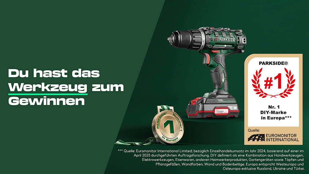 PARKSIDE; Schriftzug: Du hast das Werkzeug zum Gewinnen; Abbildung: Akkuschrauber von PARKSIDE; Abbildung 2: Medaille Nr. 1; Abbildung 3: Auszeichnung: Nr. 1 DIY-Marke in Europa***; *** Quelle: Euromonitor International Limited; bezüglich Einzelhandelsumsatz im Jahr 2024, basierend auf einer im April 2025 durchgeführten Auftragsforschung. DIY definiert als eine Kombination aus Handwerkzeugen, Elektrowerkzeugen, Eisenwaren, anderen Heimwerkerprodukten, Gartengeräten sowie Töpfen und Pflanzgefäßen, Wandfarben, Wand und Bodenbeläge. Europa entspricht Westeuropa und Osteuropa exklusive Russland, Ukraine und Türkei.