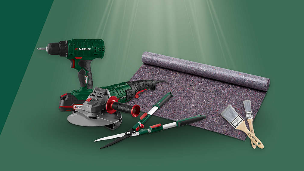 Mehrere PARKSIDE-Produkte auf grünem Hintergrund