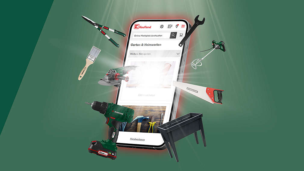 Mehrere PARKSIDE-Produkte schweben aus einem Smartphone heraus