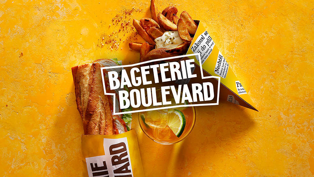 logo BAGETERIE BOULEVARD, bageta, ledový čaj a patatas