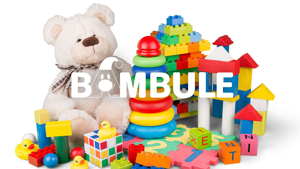 logo Bambule, dětské hračky, plyšový medvěd, stavebnice, kostky