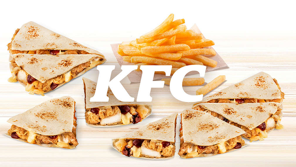 logo KFC, hranolky a Qurrito