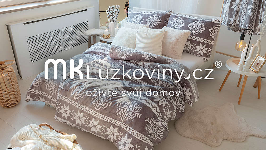 logo MK Lůžkoviny.cz, postel s krásným povlečením