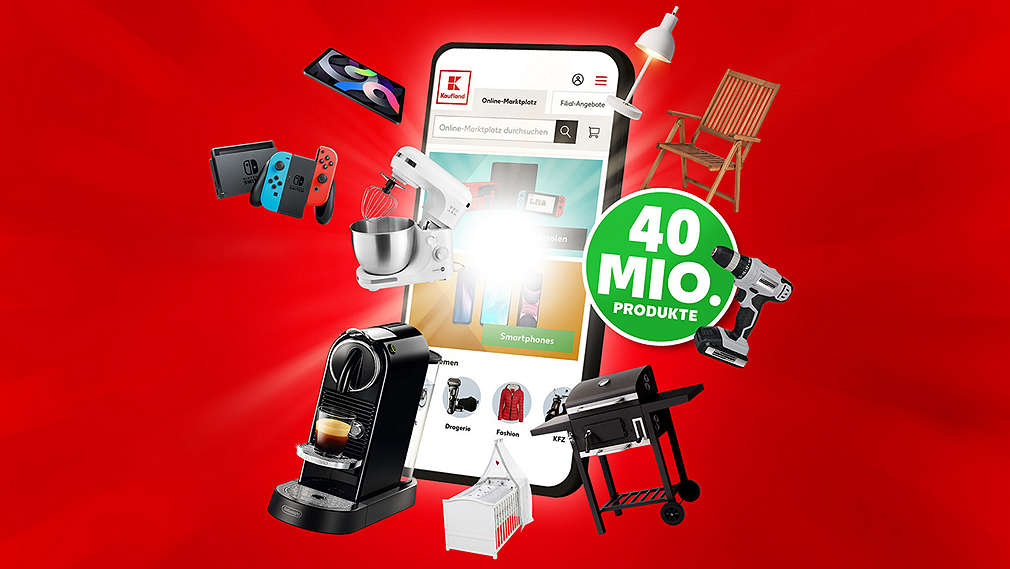 Smartphone mit aufgerufener Seite: Online-Marktplatz Kaufland.de; aus dem Smartphone heraus ploppen verschiedene Produkte auf (z.B. Kaffeemaschine, Grill, Lampe etc.); Hintergrund: rot; Schriftzug: 45 Mio. Produkte