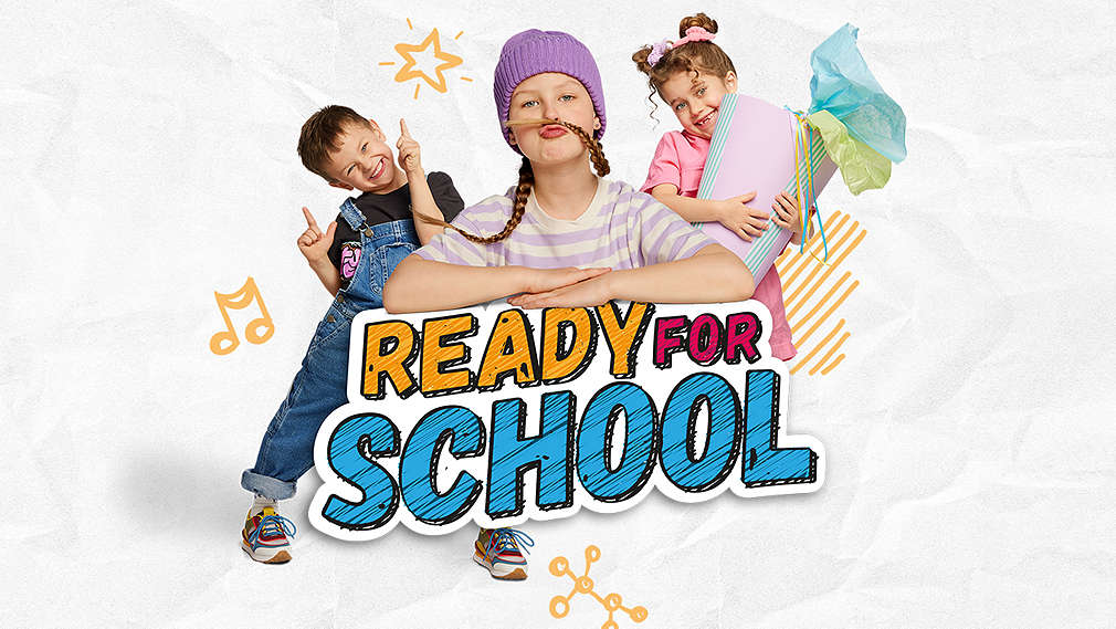 Schulkinder; Schriftzug: Ready für School