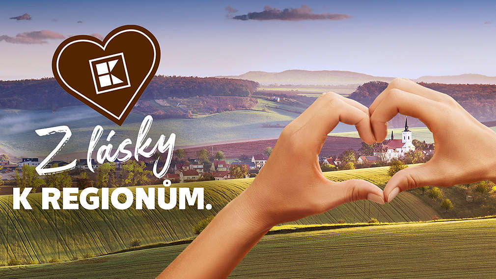 Hnědé srdíčko, logo Z lásky k regionům, ruce ve tvaru srdce a příroda