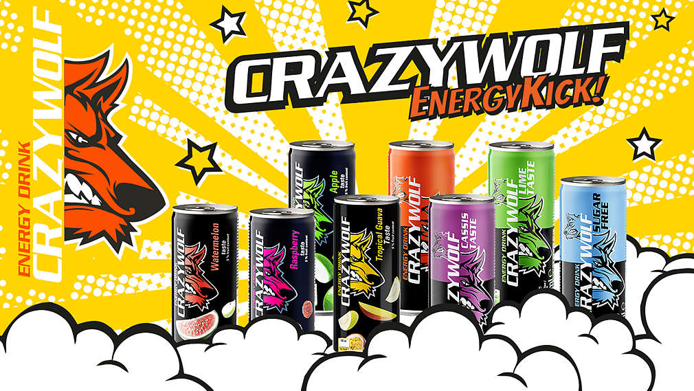 Různé příchutě nápoje Crazy Wolf