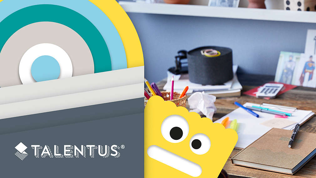 Children desk with various school materials from Talentus