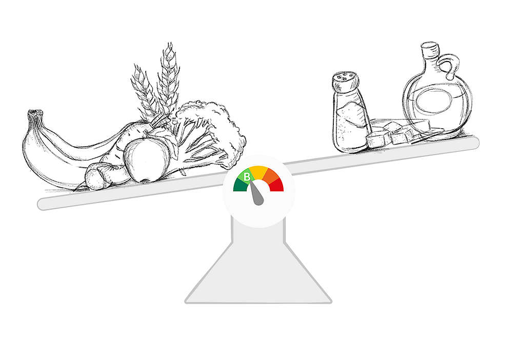 Waga z korzystnymi i niekorzystnymi produktami spożywczymi.