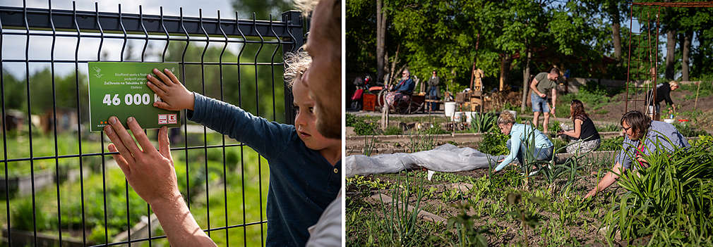 Lidé, muži, ženy a děti s šekem z grantového programu. Komunitní zahrada v Olomouci, která byla podpořená částkou 46 000 Kč.